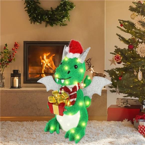 Lighted Christmas Green Dinosaur, 23.5 Inch Pre-Lit 3D Tinsel Flying Dragon - Picture 5 of 6